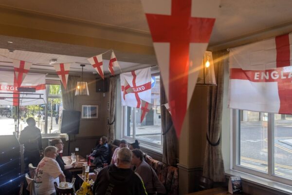 pub with england flag decorations for the summer of football
